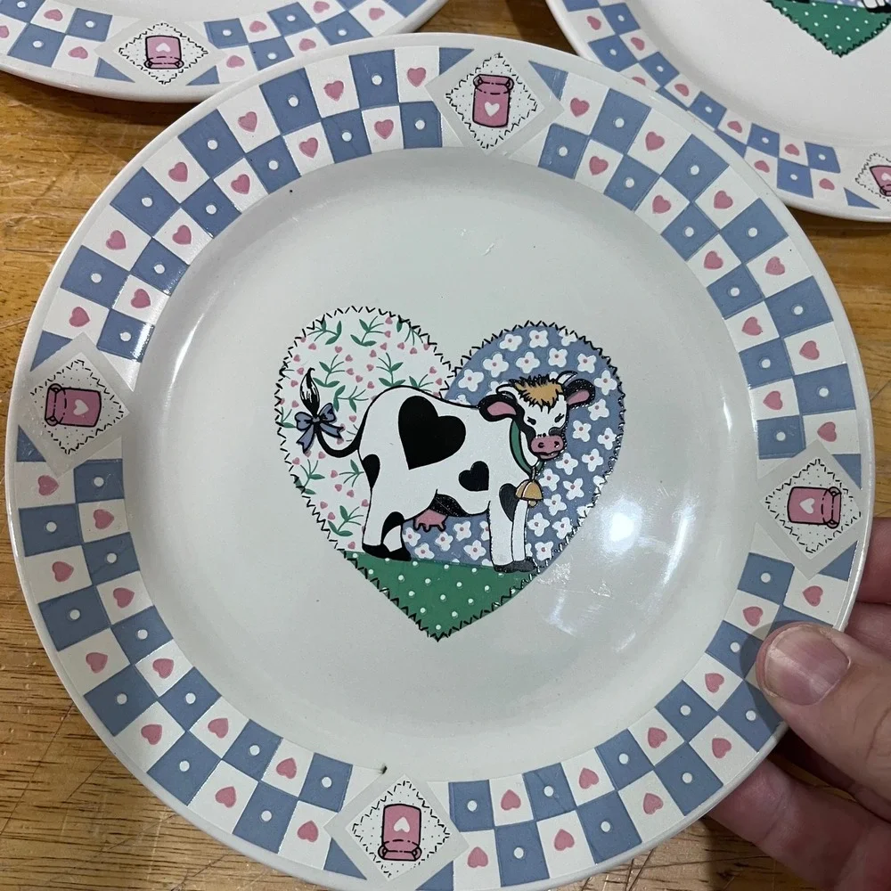 Vtg Tabletops‎ Unlimited Cow Heart Checkered Salad Plates Set of 3 Farmhouse 8